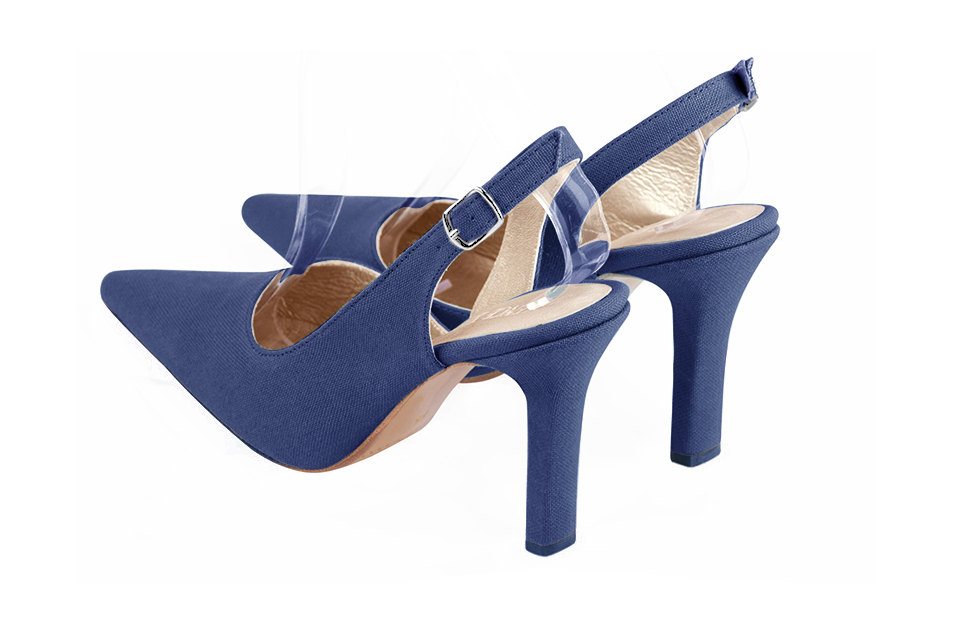 Prussian blue women's slingback shoes. Pointed toe. Very high slim heel. Rear view - Florence KOOIJMAN